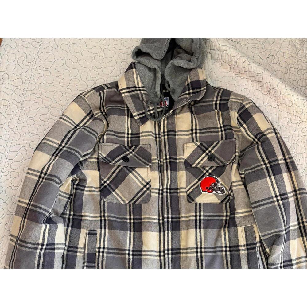 NFL Cleveland Browns Men's Plaid Utility Jacket with Hood Size‎ Medium